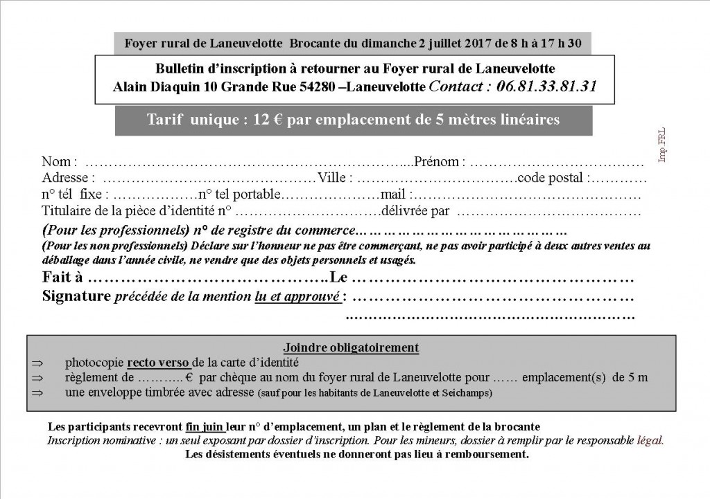 bulletin d'inscription  brocante 2017