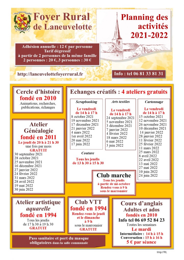 planning activités foyer rural 2021-2022