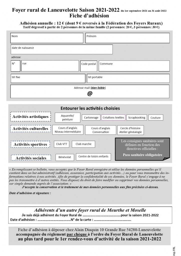 Fiche d'adhésion foyer rural Laneuvelotte 2021-2022