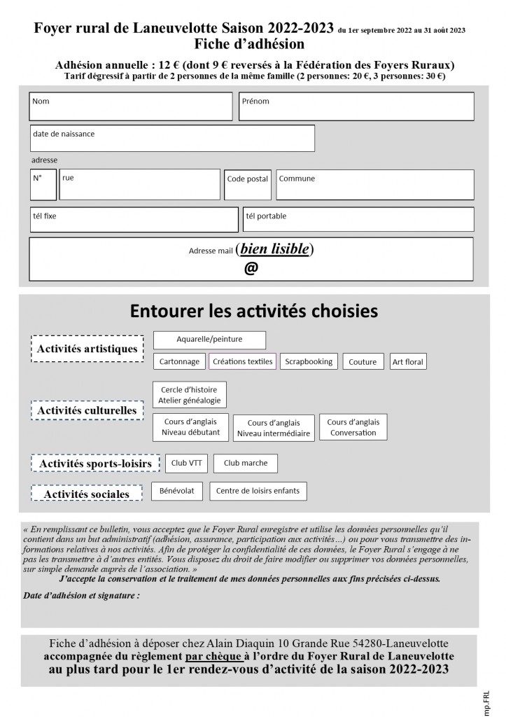 Fiche d'adhésion foyer rural Laneuvelotte 2022-2023