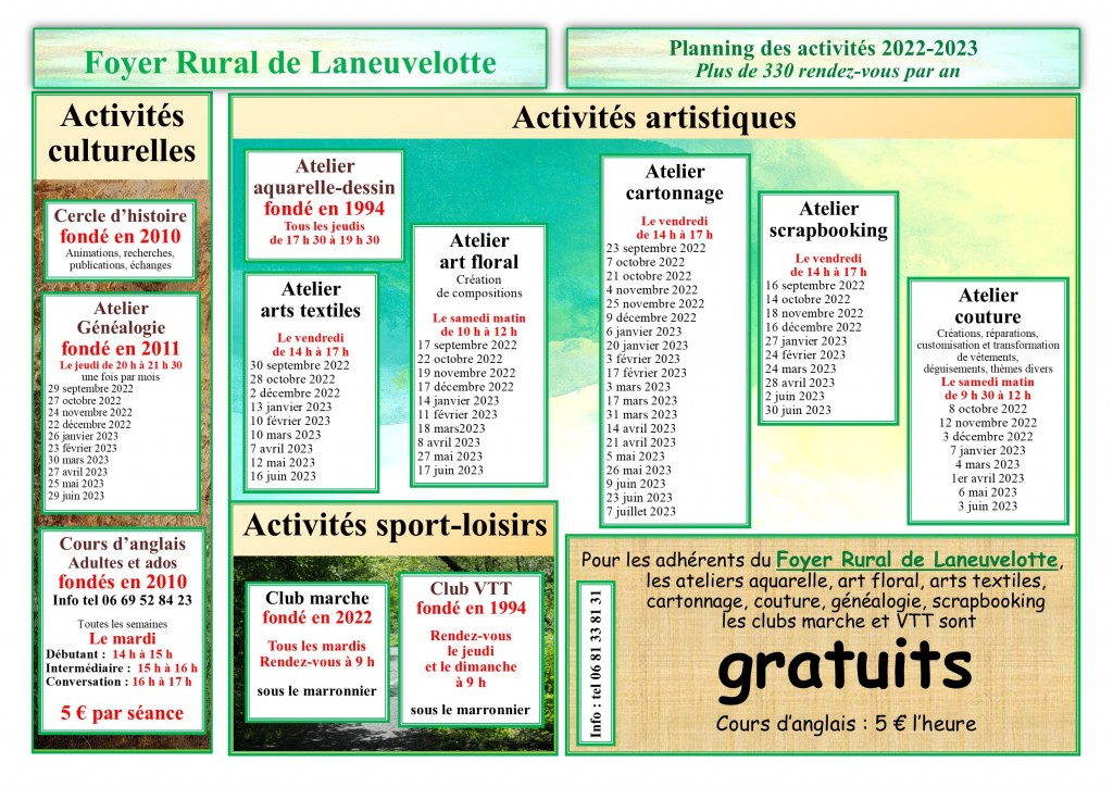 planning activités foyer rural 2022-2023 pour le site